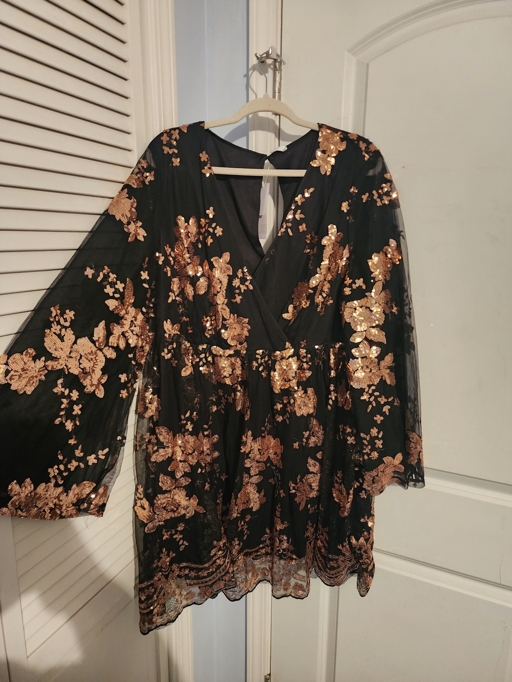 Black Mini Dress with Gold Floral Sequin Embroidery